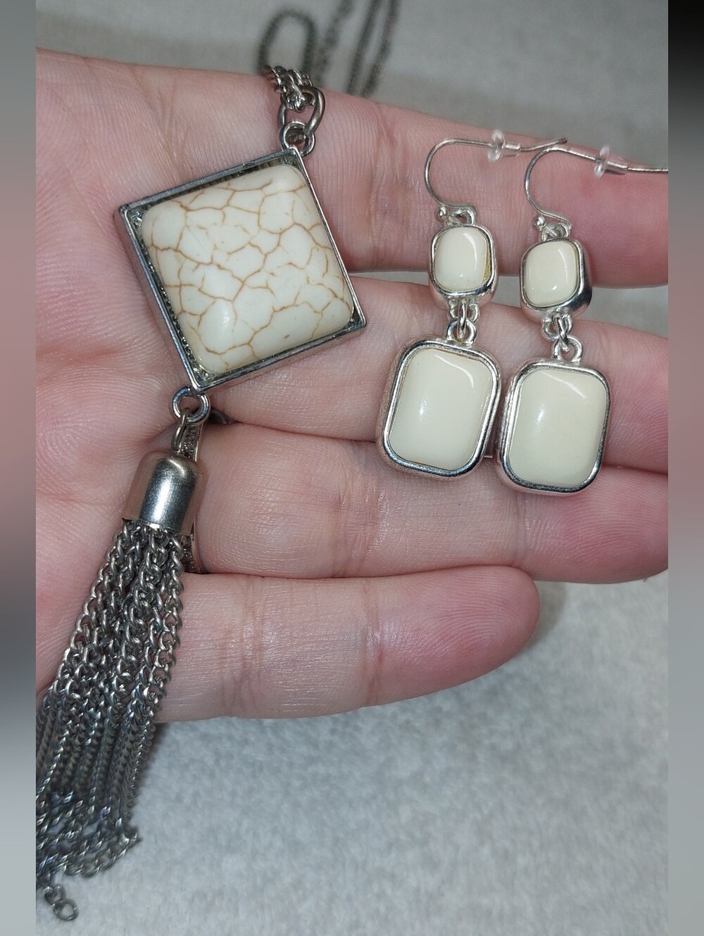 Upcycled Cream Stone Tassel Pendant Necklace with Matching Drop Earrings